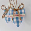 Pair hanging hearts Laura Ashley blue gingham check with caring words