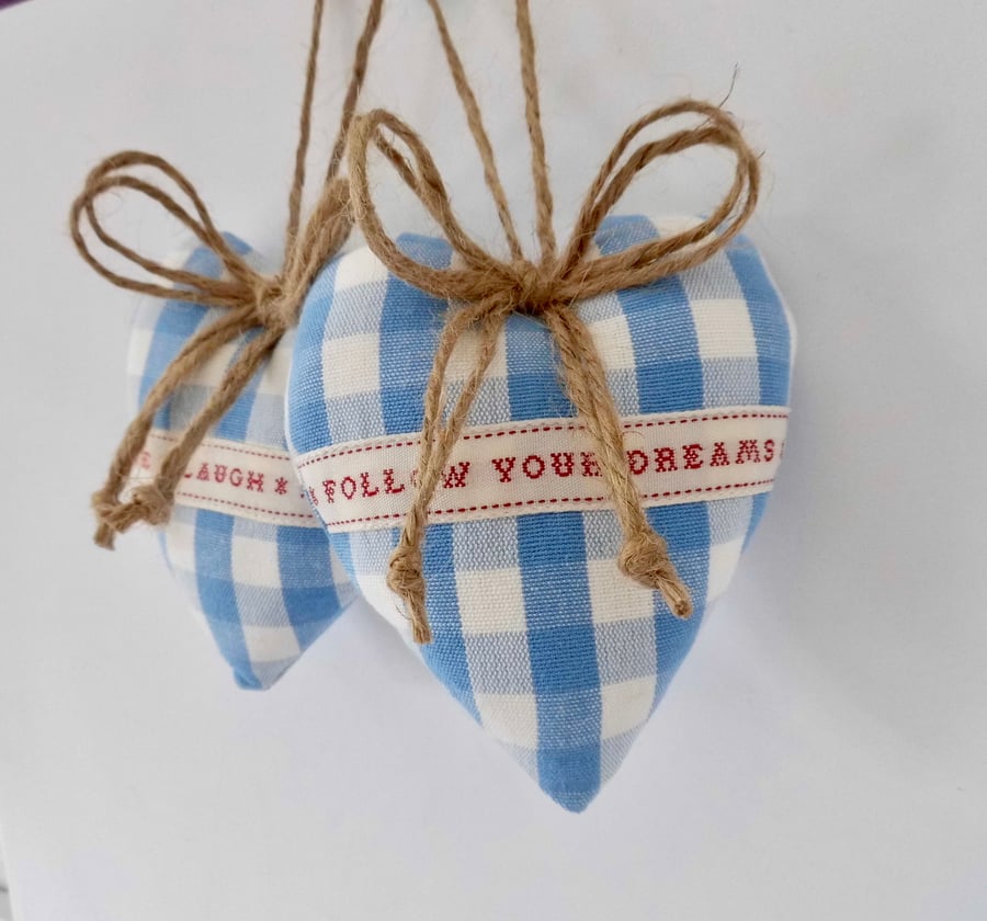 Pair hanging hearts Laura Ashley blue gingham check with caring words