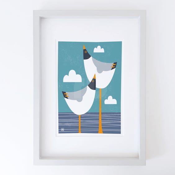 Black Headed Gulls looking out to sea, original Giclee print