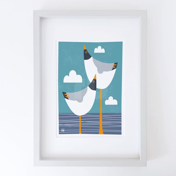 Black Headed Gulls looking out to sea, Giclee print