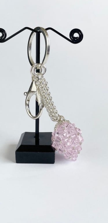 Handbag Charm, Egg Shaped Pink Crystal with a Chainmaille Chain and Keyring