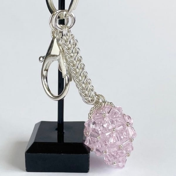 Handbag Charm, Egg Shaped Pink Crystal with a Chainmaille Chain and Keyring