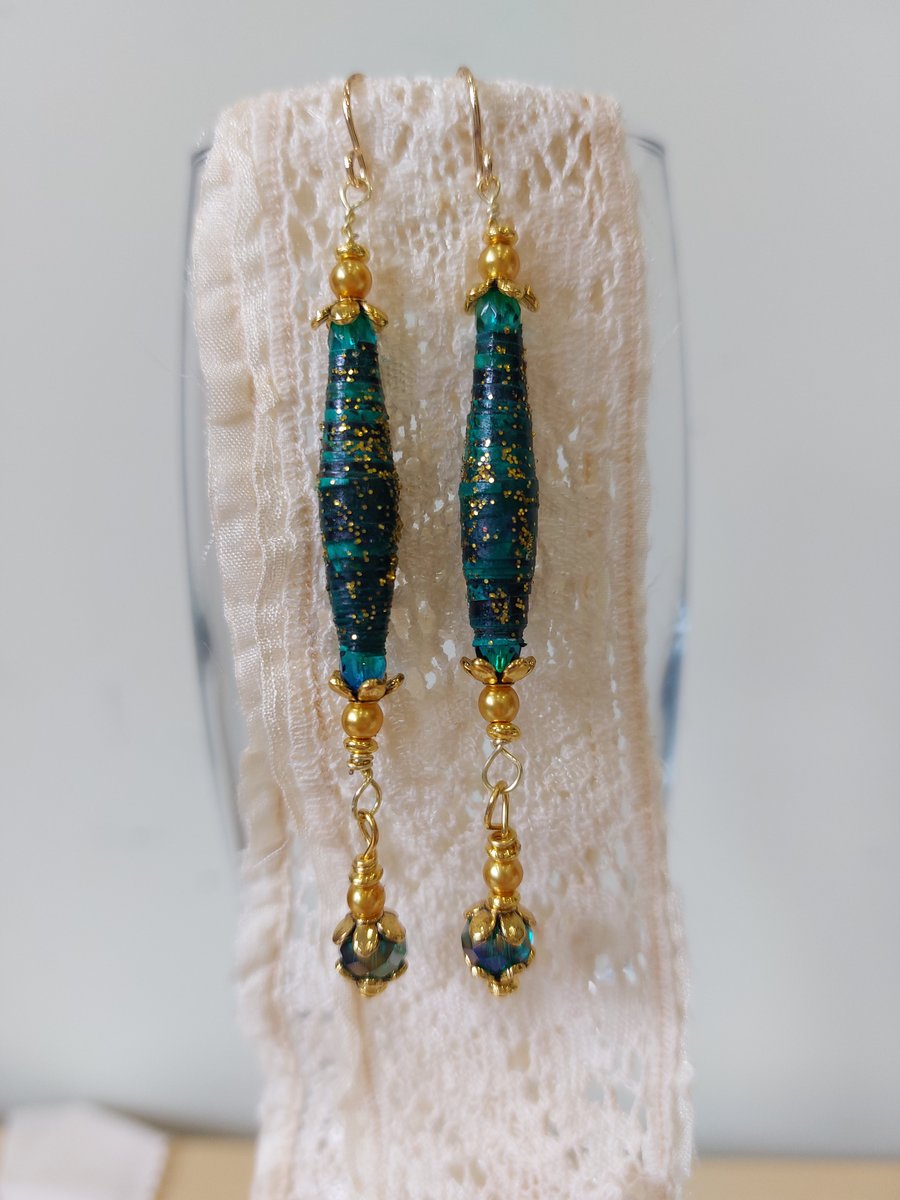 Handmade Paper Bead Drop Earrings Green and Gold Bohemian Style