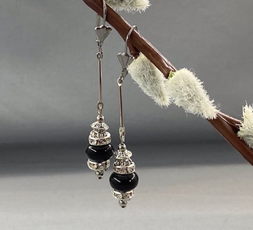 Classic Art Deco Style Onyx & Swarovski Drop Earrings Pierced or Clip On