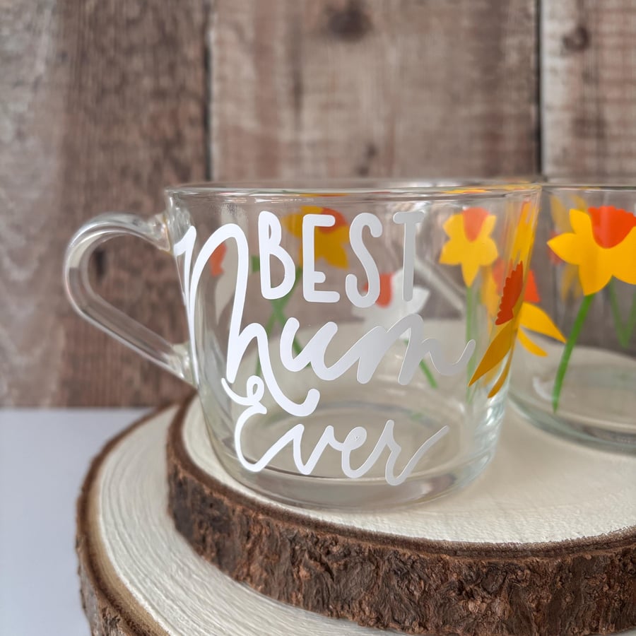 Best Mum Ever Glass Mug, Hand-Lettered Floral Coffee Cup
