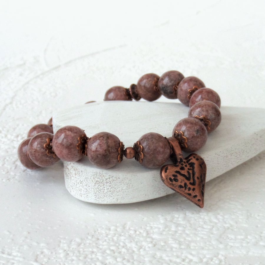 Rhodonite bracelet with copper heart charm - perfect graduation gift