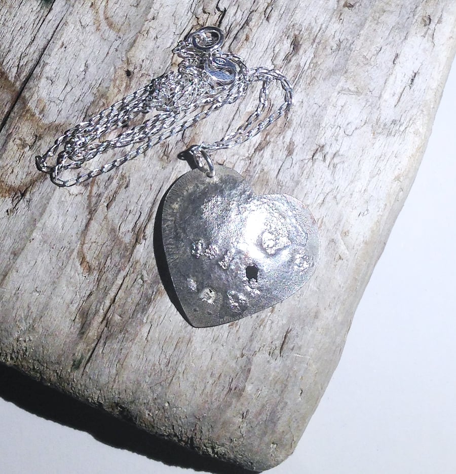 Distressed Sterling Silver Over Copper Heart Pendant - UK Free Post