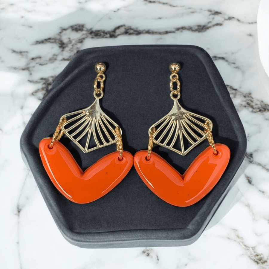 Handmade Orange and Gold polymer clay Dangle Earrings