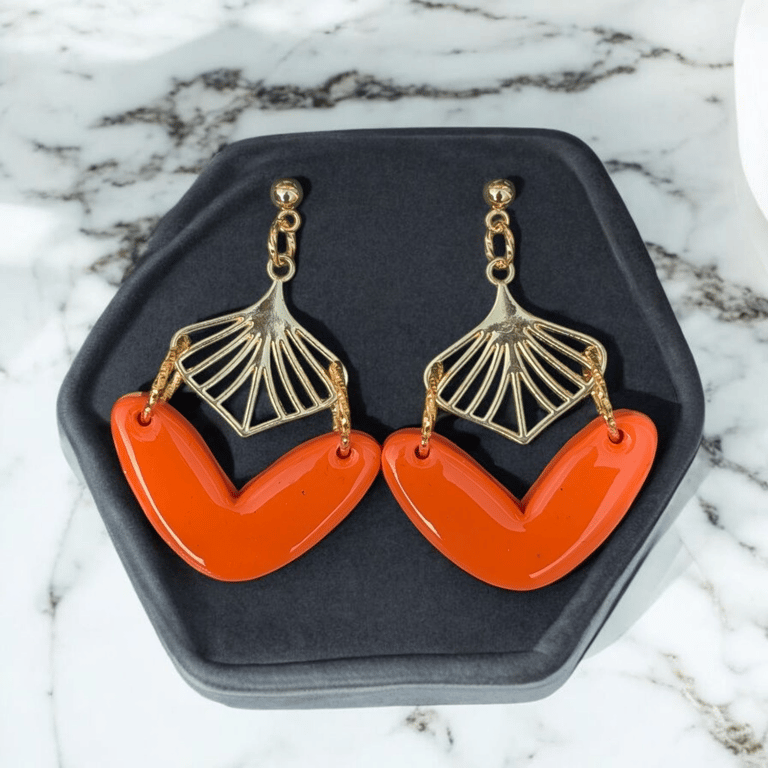 Handmade Orange and Gold polymer clay Dangle Earrings