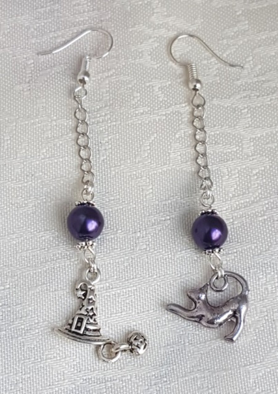 Dangly Witches Hat and Cat Halloween Earrings