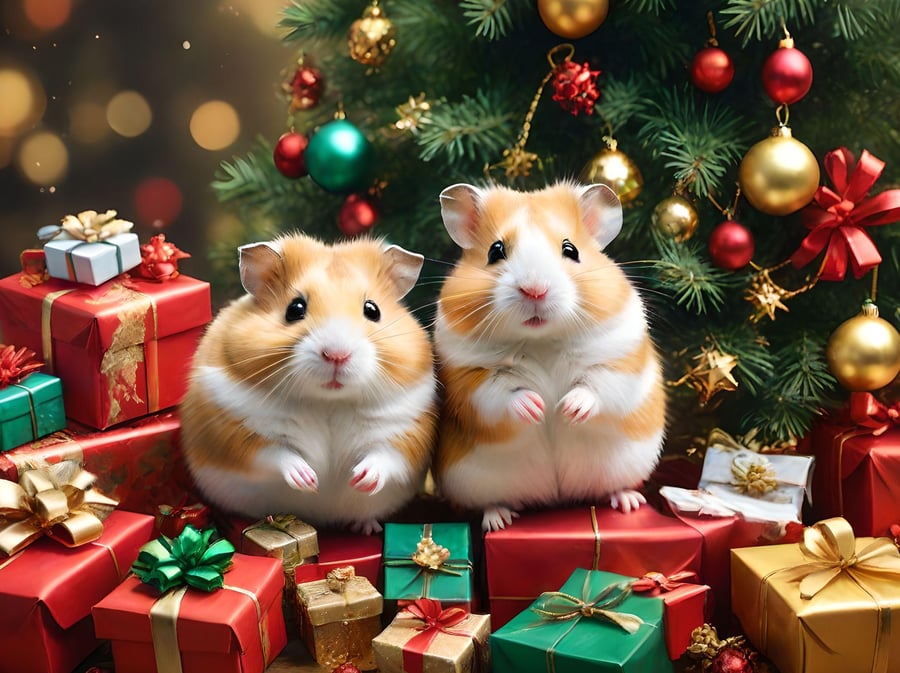 Hamsters Under Xmas Tree Christmas Card A5