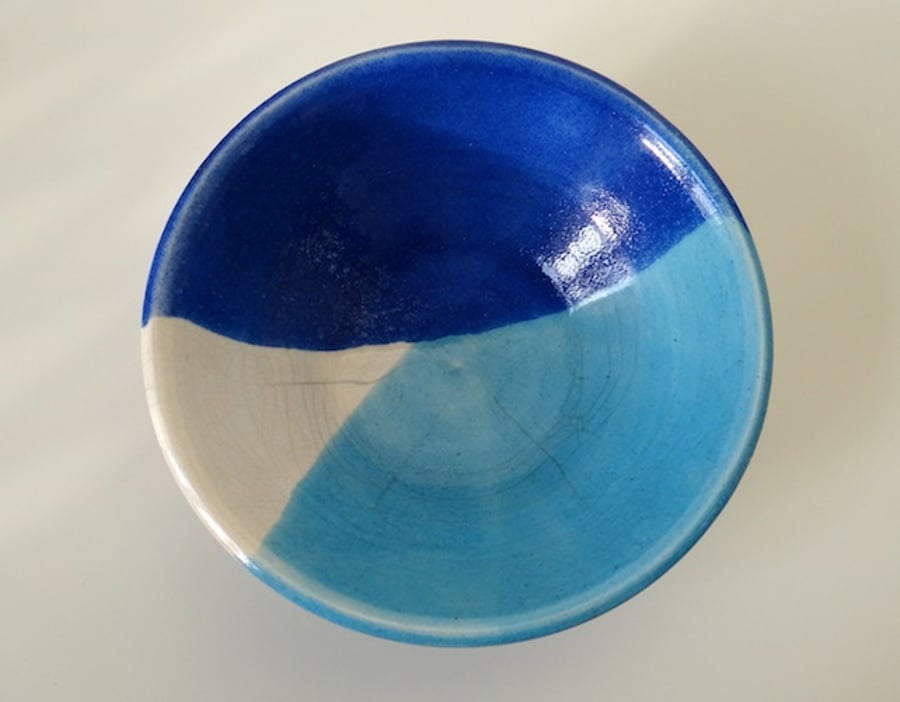 Decorative raku ceramic bowl in white black and blue - handmade pottery