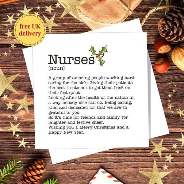 Christmas Card Nurses Definition, blank inside. Free delivery. 