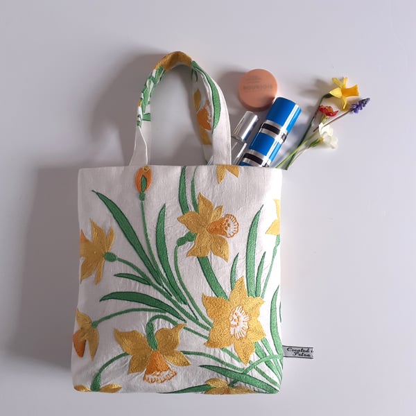  Daffodils handbag or bucket bag upcycled from a vintage embroidered table cloth