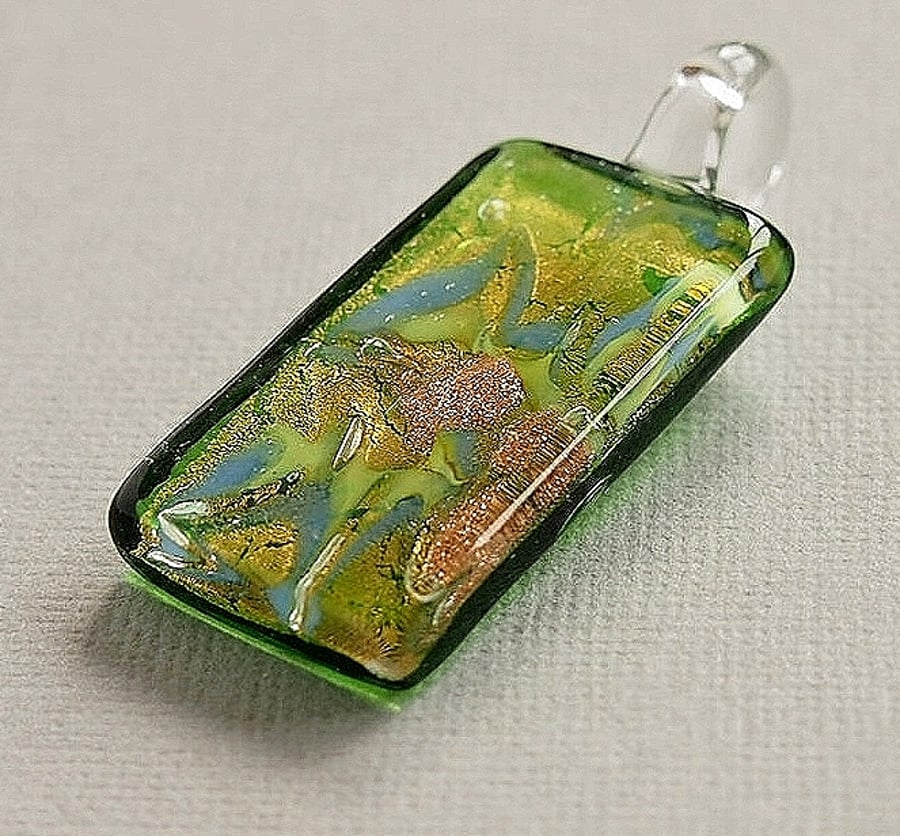 Green Fused Glass Pendant, Gold Foil