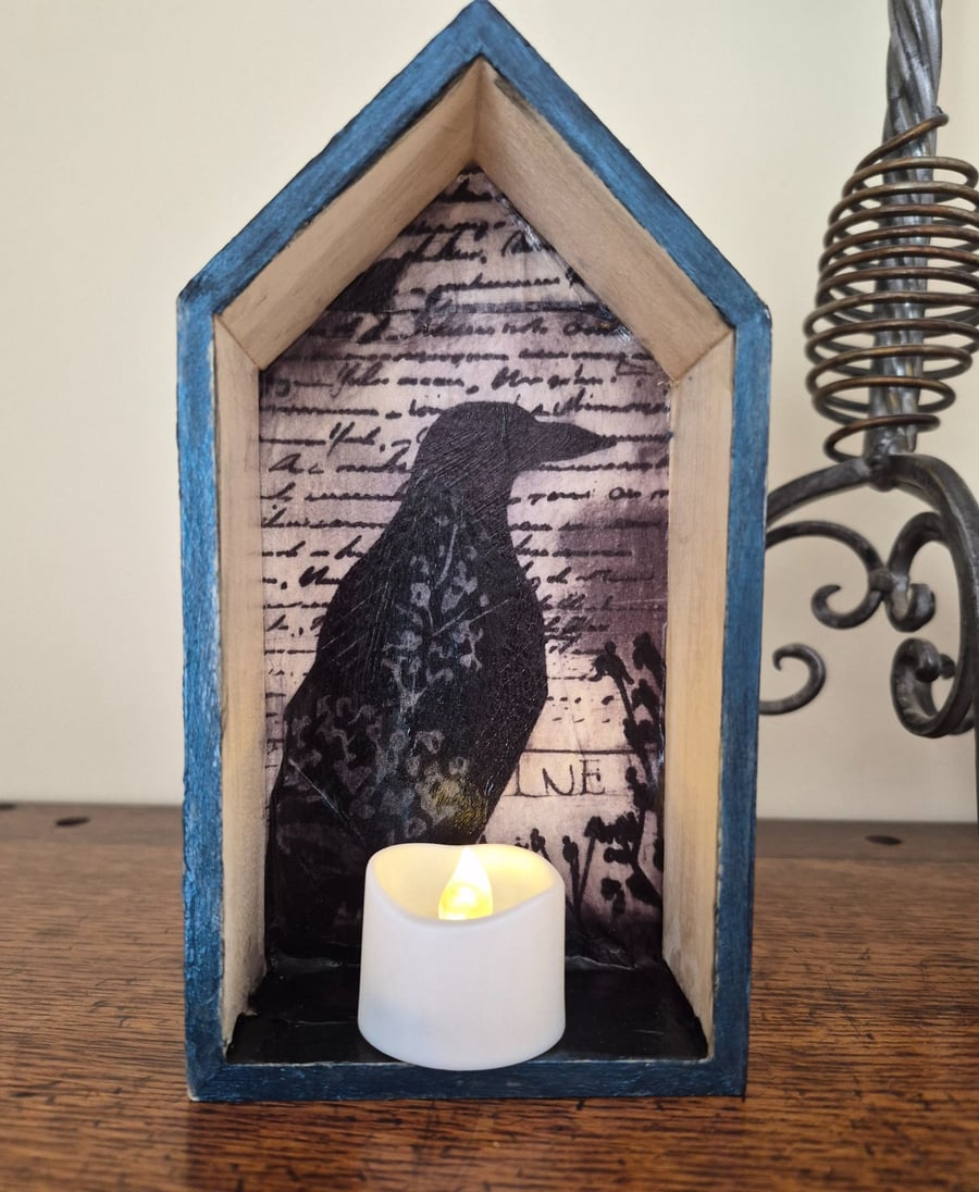 'Black raven' mixed media mini wooden house decoration