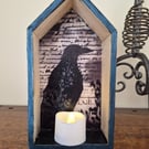 'Black raven' mixed media mini wooden house decoration