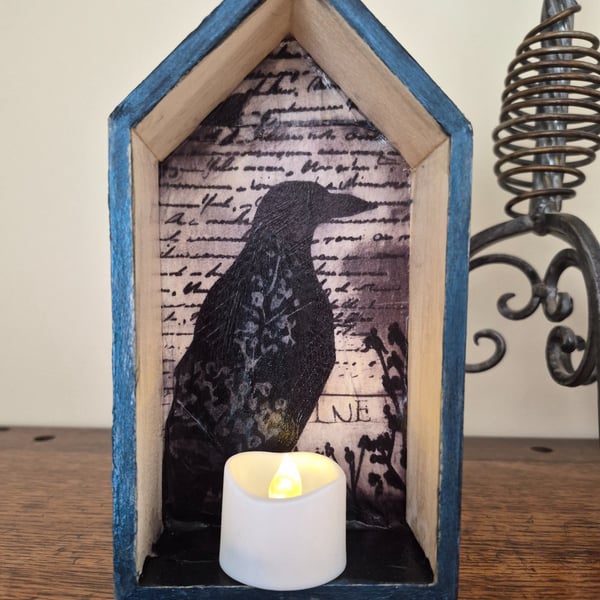 'Black raven' mixed media mini wooden house decoration