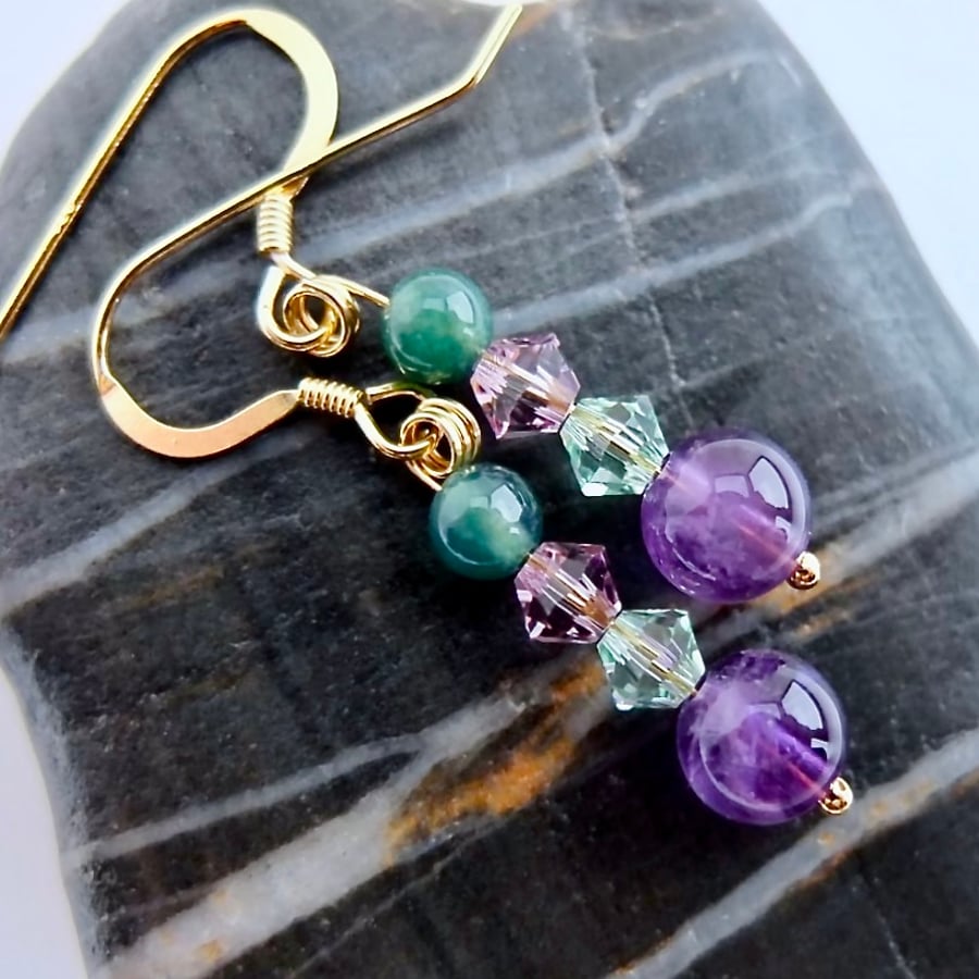 Amethyst, Moss Agate & Crystal Earrings - Birthday, Anniversary, Gifts For Her