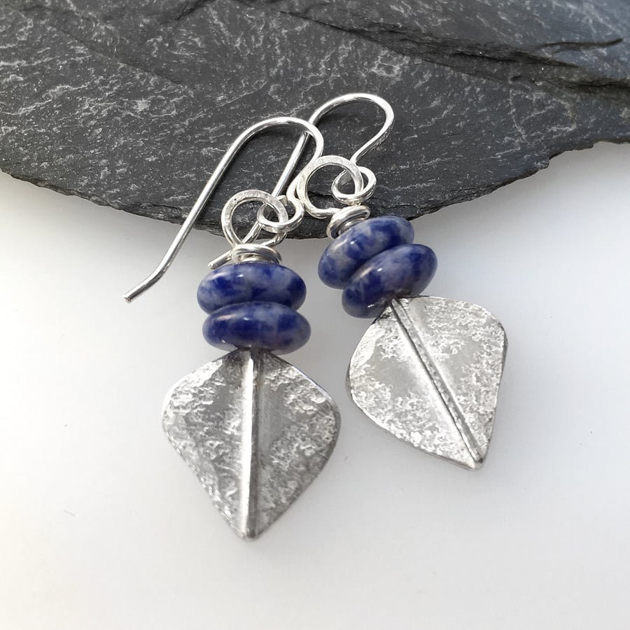 Silver and blue sodalite leaf spear earrings