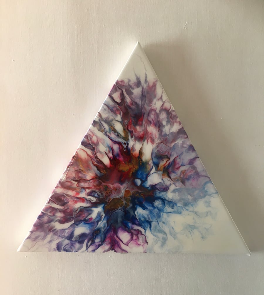 Fluid art, Abstract flower painting,  triangle, 16”,  resin finished