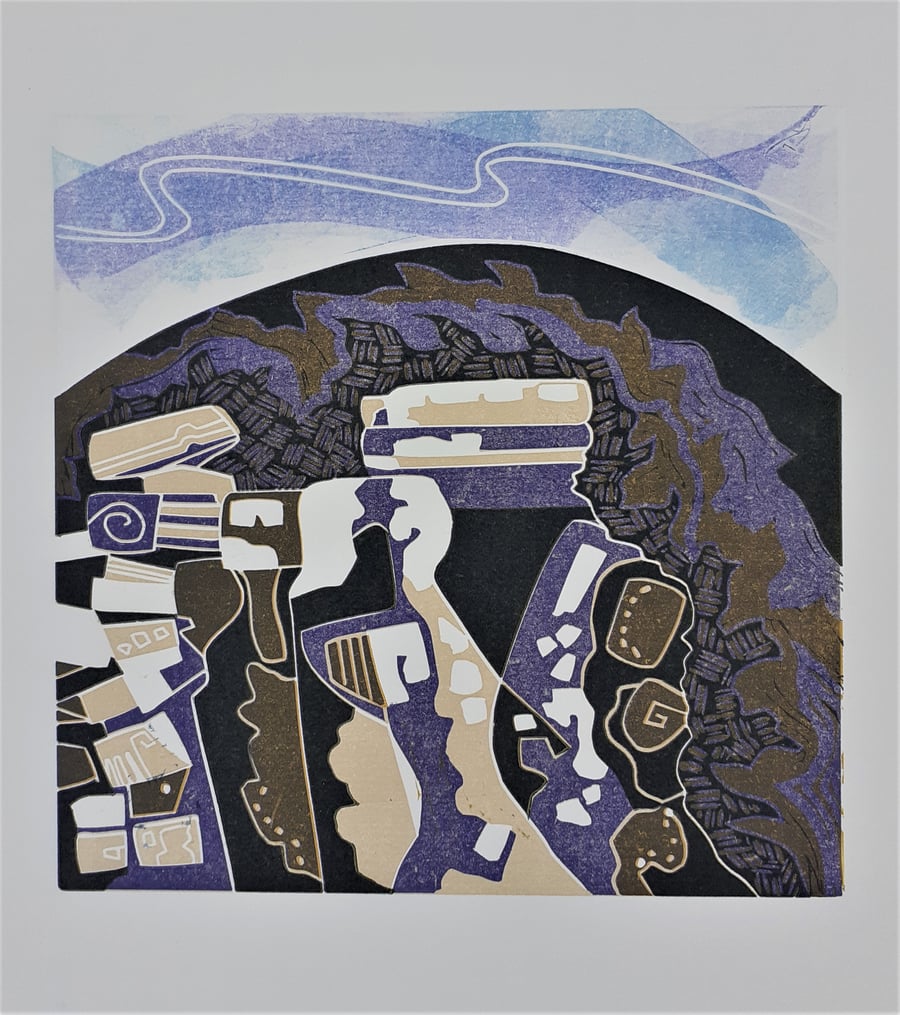 Original linocut- `Bryn Celli Ddu`.