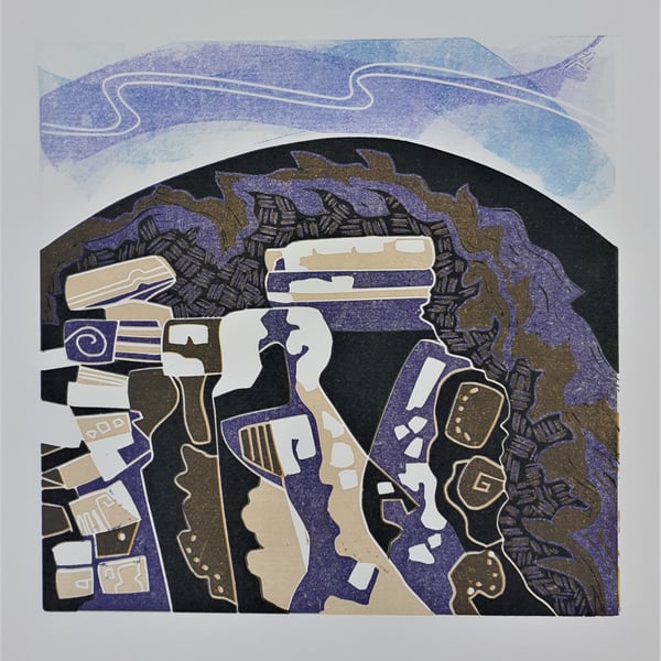 Original linocut- `Bryn Celli Ddu`.