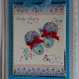 New Baby Boy Card Blue Booties Shoes Stars Tiny Toes 3D Luxury Handmade Card