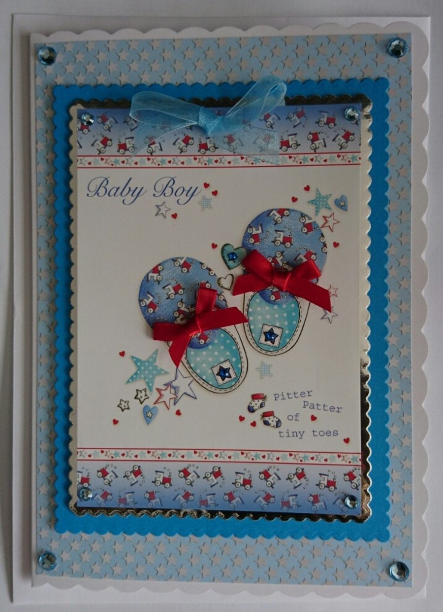 New Baby Boy Card Blue Booties Shoes Stars Tiny Toes 3D Luxury Handmade Card