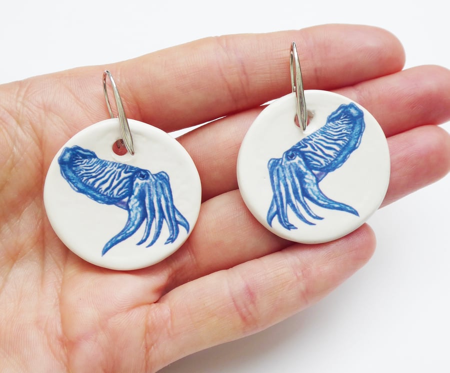 Handmade Cuttlefish Ceramic Earrings with Silver Coloured Ear Wires