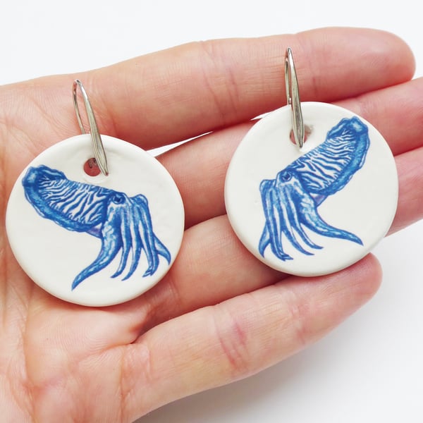Handmade Cuttlefish Ceramic Earrings with Silver Coloured Ear Wires