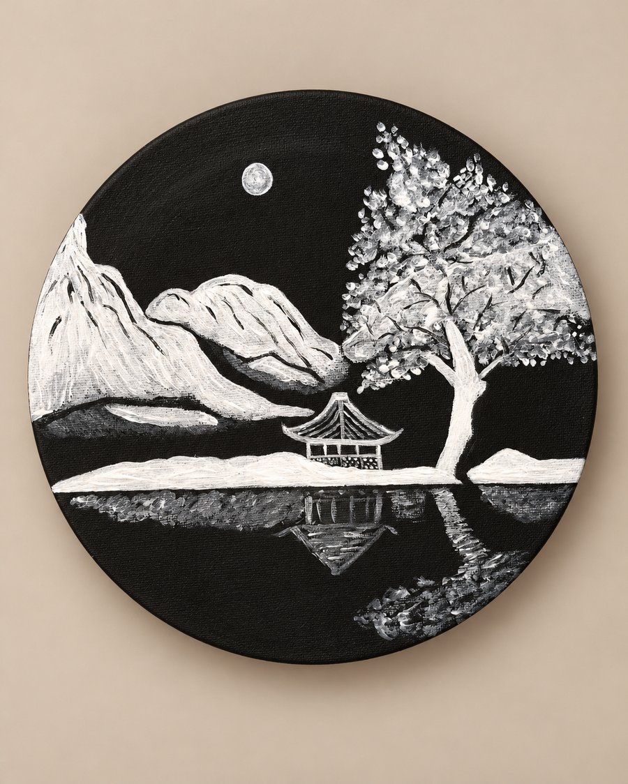 Original Black and White Moonlit Landscape Painting - Moonlit Serenity