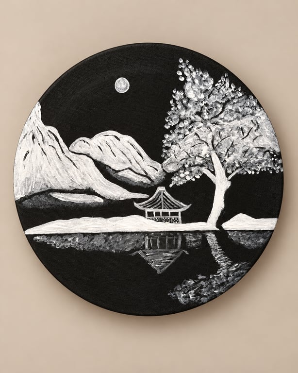 Original Black and White Moonlit Landscape Painting - Moonlit Serenity