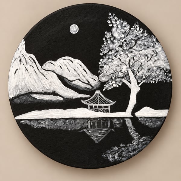 Original Black and White Moonlit Landscape Painting - Moonlit Serenity