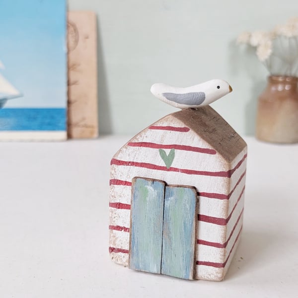 Hand Painted Wooden Beach Hut with Seagull 