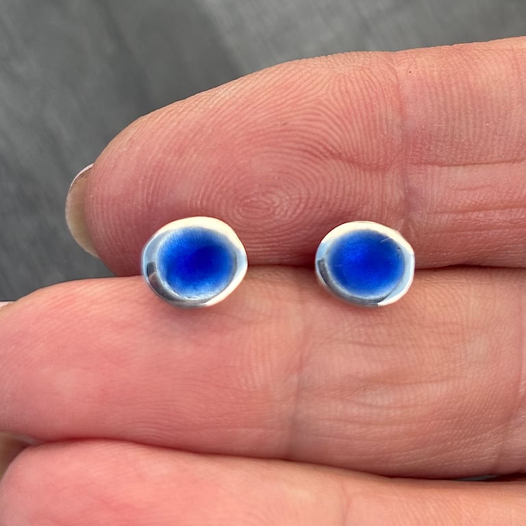 Blue Enamel Oval Studs, enamel and silver studs, enamel jewellery, gift for her,