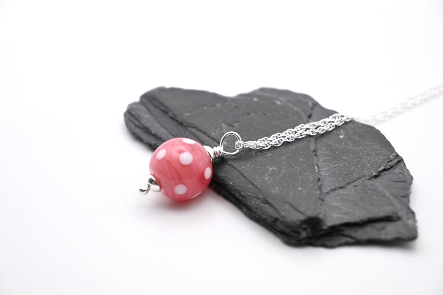 lampwork glass pink polka dot pendant necklace