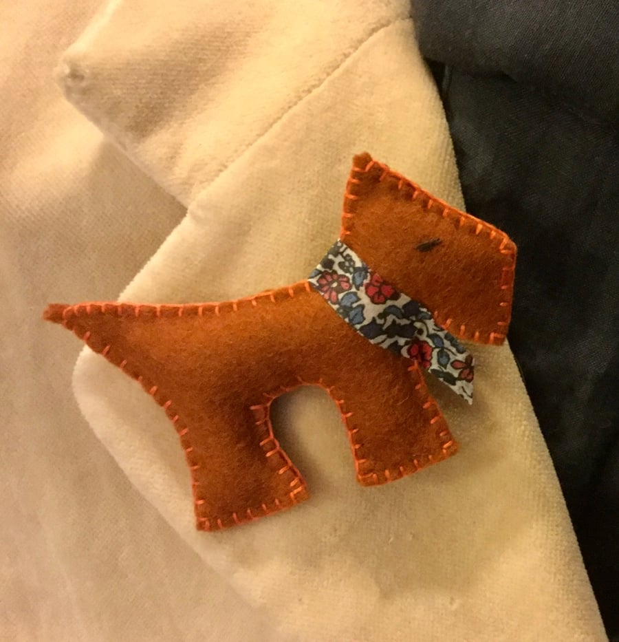 Dog Brooch featuring a terrier with a Liberty fabric collar. Seconds Sunday