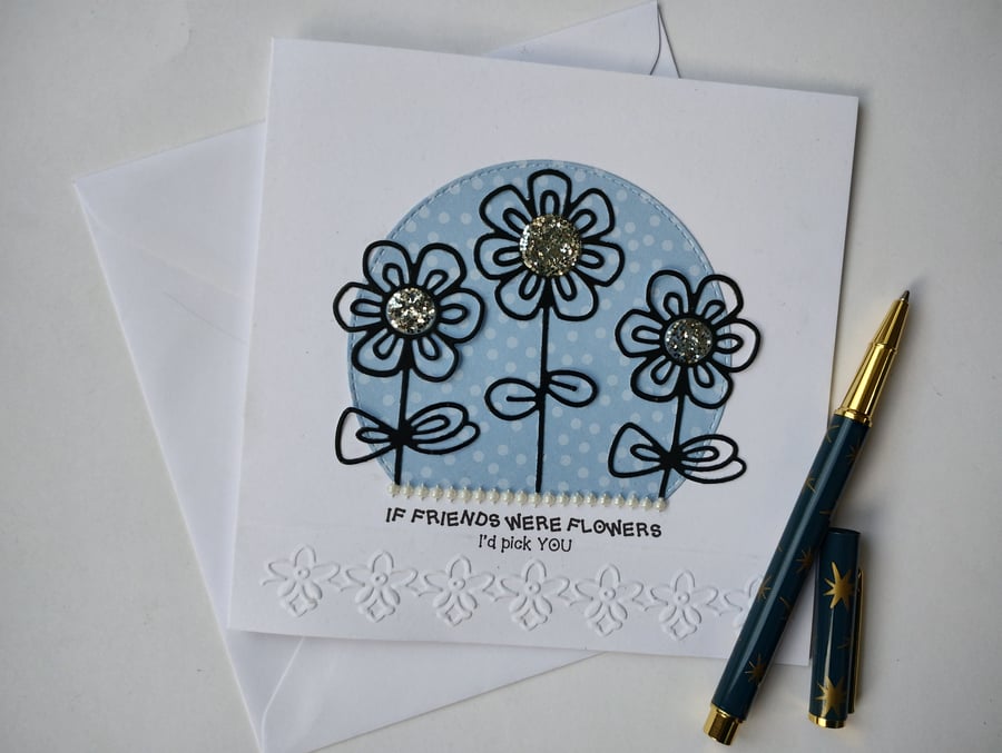 Happy Birthday Card - Blue Polka Dot Sketchy Flowers 