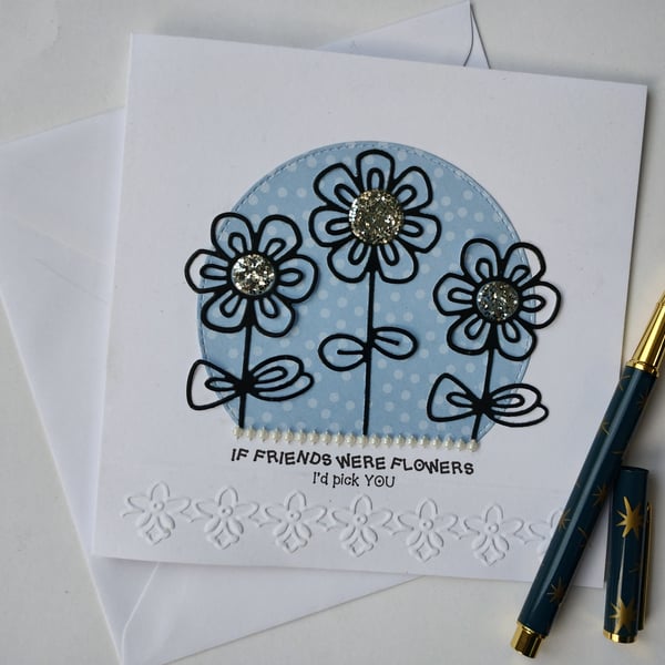 Happy Birthday Card - Blue Polka Dot Sketchy Flowers 