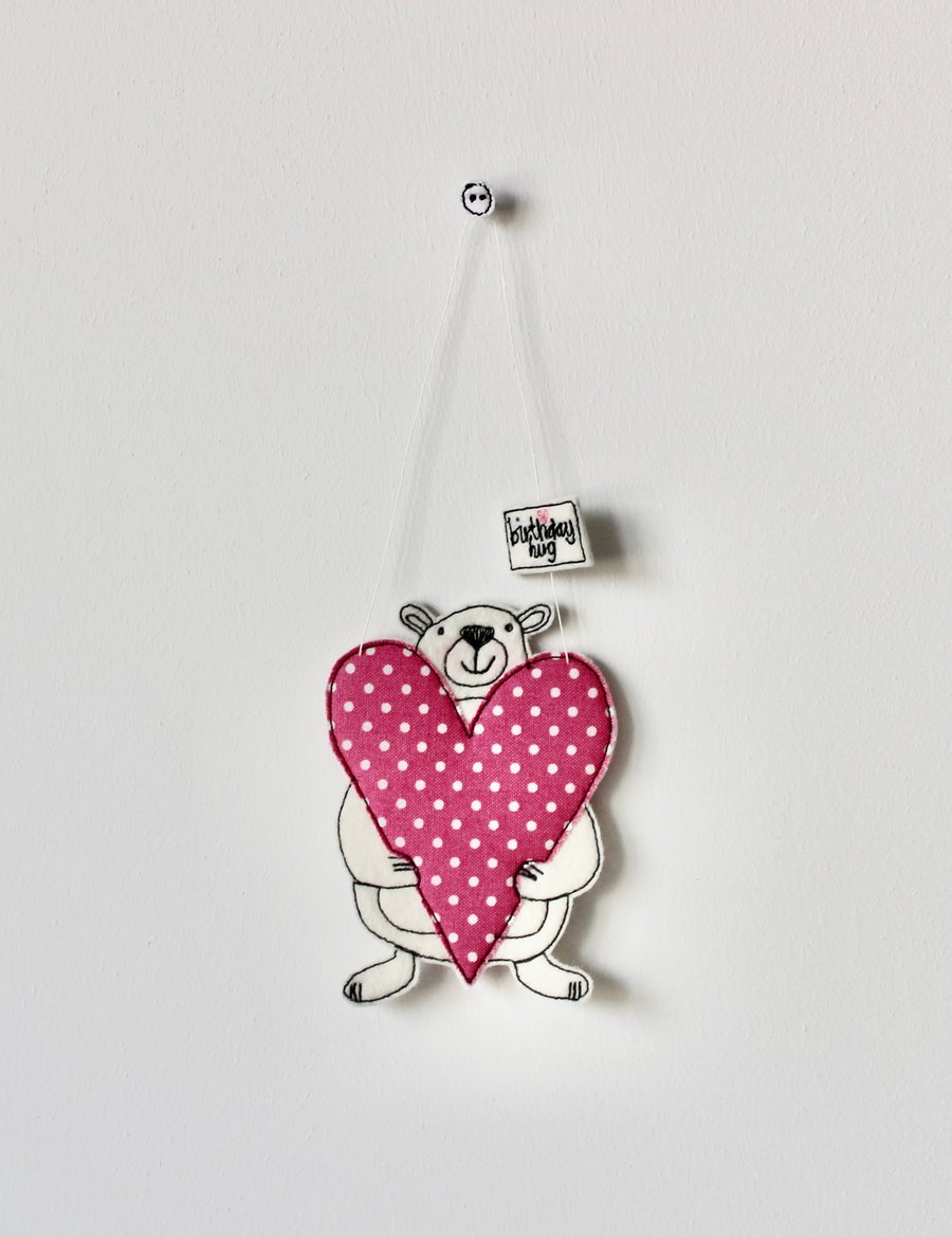 'Birthday Hug' - Mr Bear is Holding a Heart - Hanging Decoration