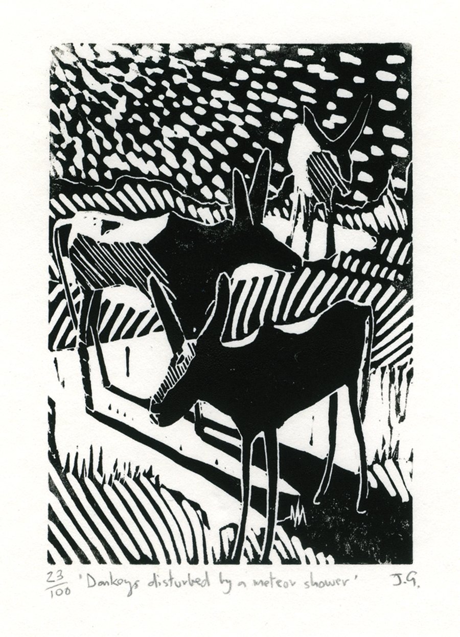 Donkeys Disturbed By A Meteor Shower linocut print