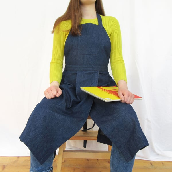 Dark Denim Pleated Apron with Split Leg, for Potters and Artists. No14:2