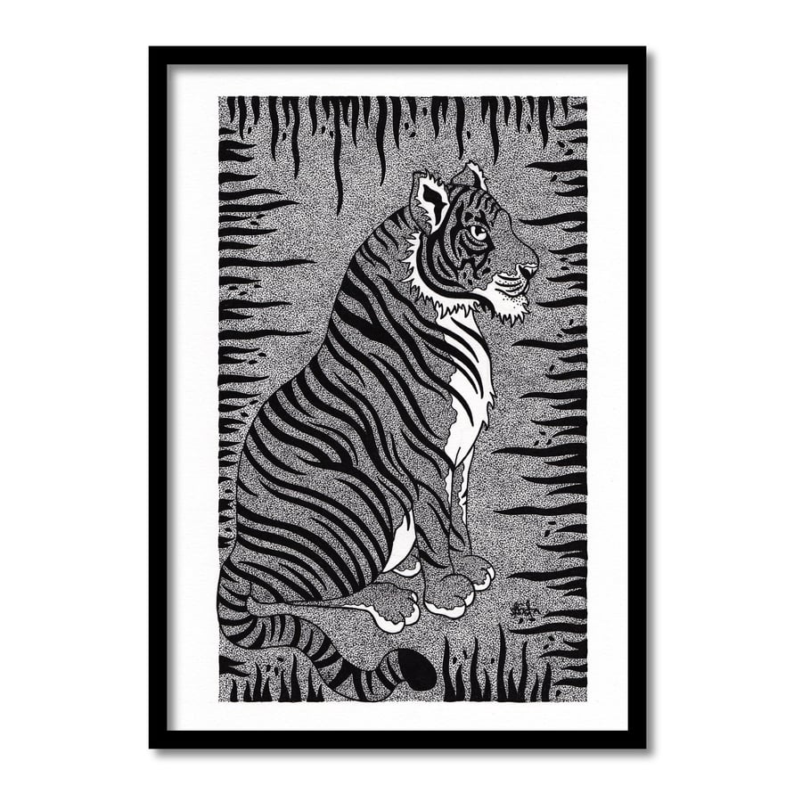 Fierce Looking Tiger Original Art Pen And Ink Drawing