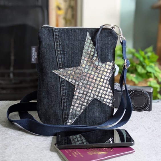 Denim Bag Zipped Mini Cross Body Jeans Bag with Silver Sequin Star 
