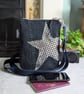 Denim Bag Zipped Mini Cross Body Jeans Bag with Silver Sequin Star 
