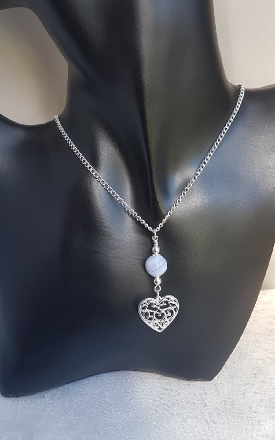 Gorgeous Blue Lace Agate Bead and Heart of Hearts Charm Necklace.