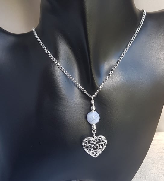 Gorgeous Blue Lace Agate Bead and Heart of Hearts Charm Necklace.