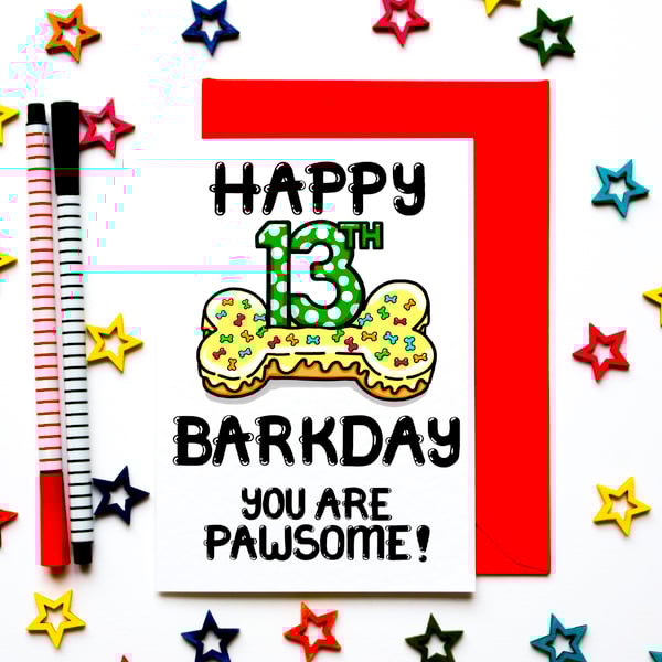 13th Birthday Card For The Dog, Cute Thirteenth Birthday Card For Puppy, Furbaby