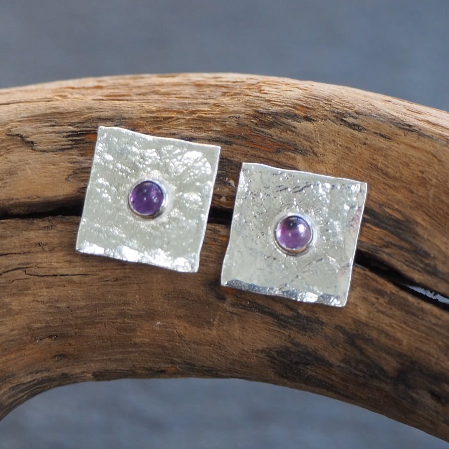 Lilac Amethyst Sterling Silver Stud Earrings, Square Silver Studs